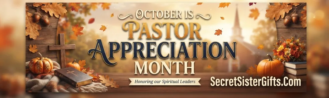 An ad for Christian gifts for Pastor Appreciation Month with an image of a Bible and cross in front of a church.