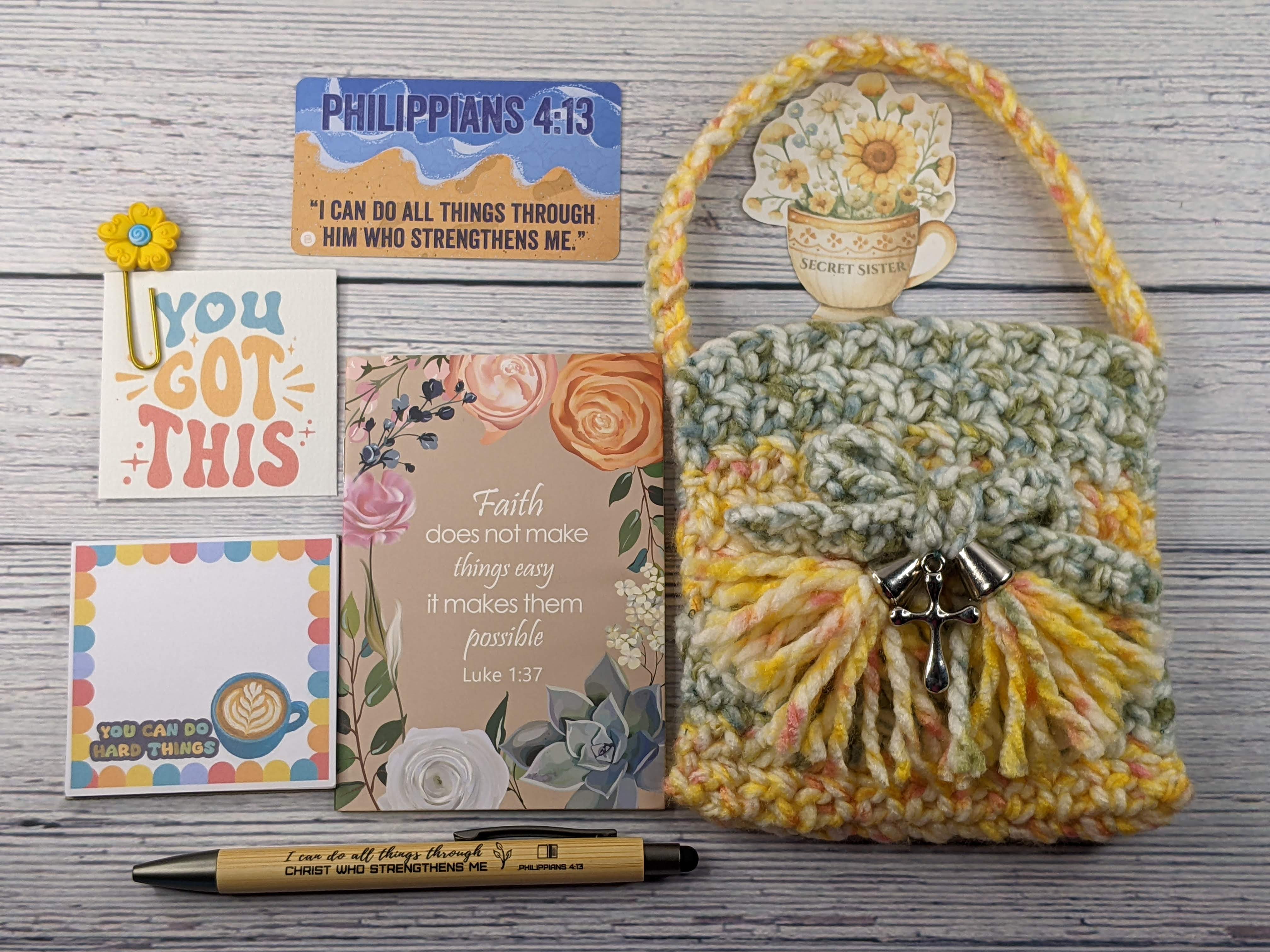 A Christian stationery gift set with a crocheted gift bag.