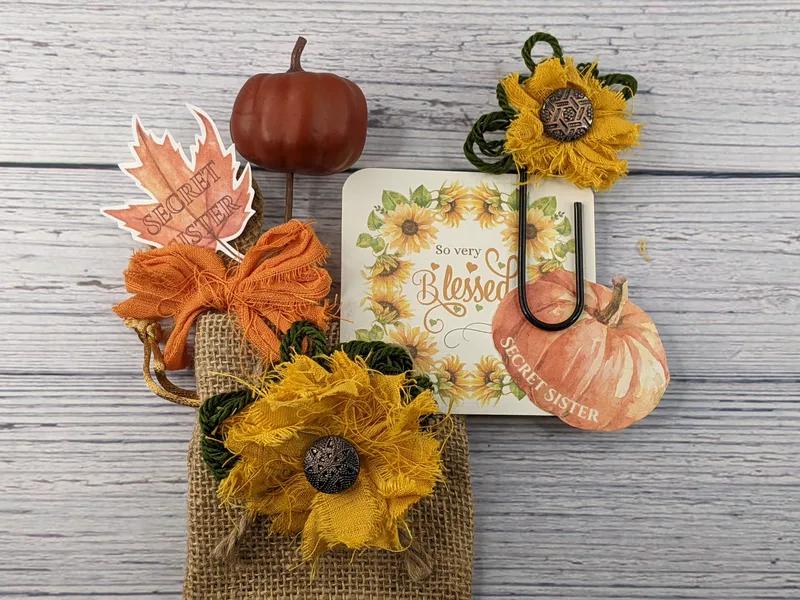 A secret sister gift set with handmade sunflowers in a burlap bag.