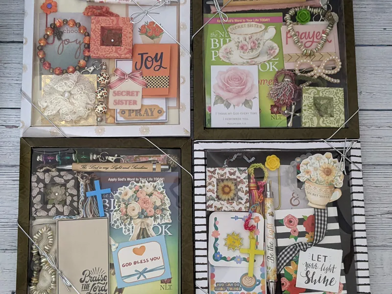 Four options of Secret Sister Mystery Gifting Boxes with religious items inside.