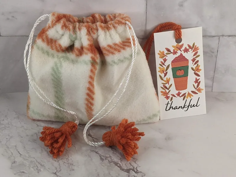 Drawstring Fall Fleece Bag with Thankful Tag