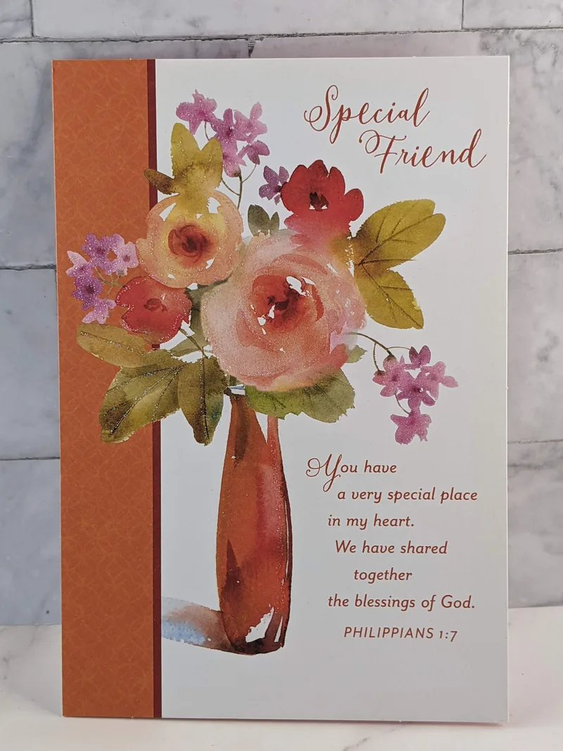 A religious Thanksgiving greeting card for a special friend. with an image of a vase of flowers.
