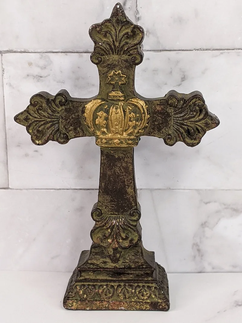 5.5" Resin Tabletop Cross with Gold Crown.