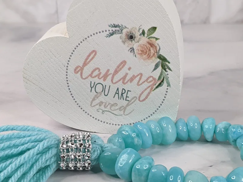 Aqua Tassel Bracelet with Loved Heart