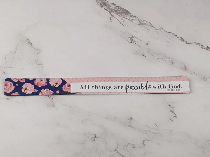 "All things are possible with God. Mark 10:27" Magnet with a pink floral design.