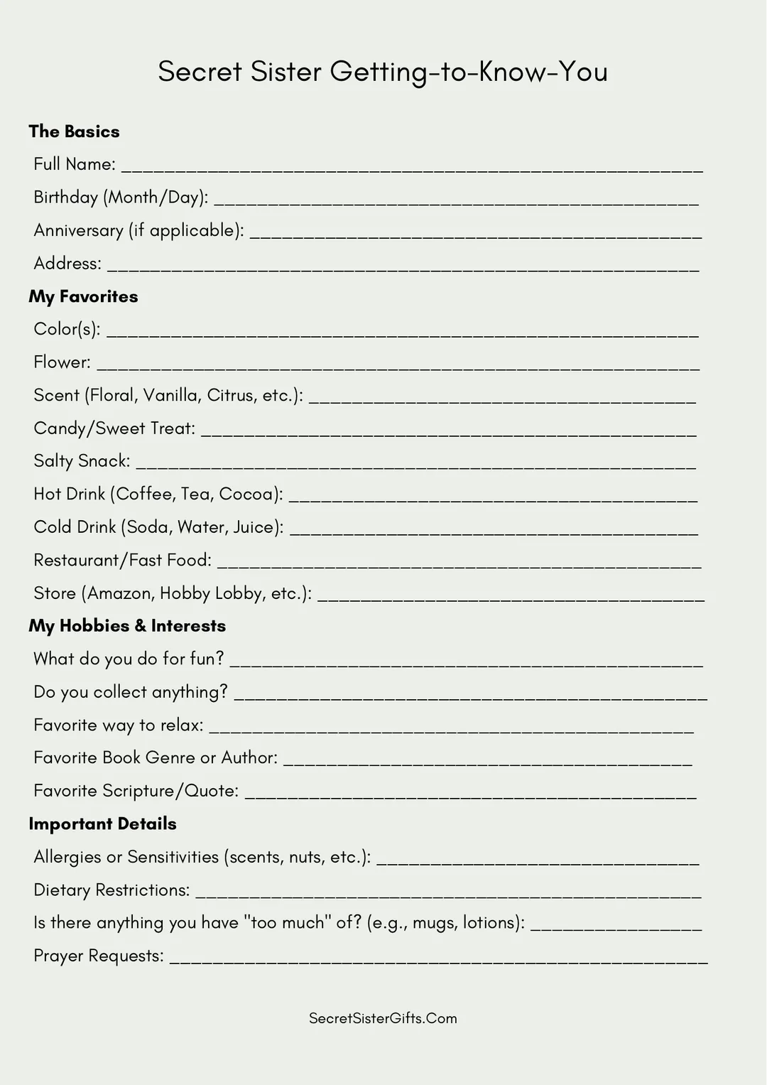 Secret Sister Getting-to-Know-You Questions - Printable Form Questionnaire