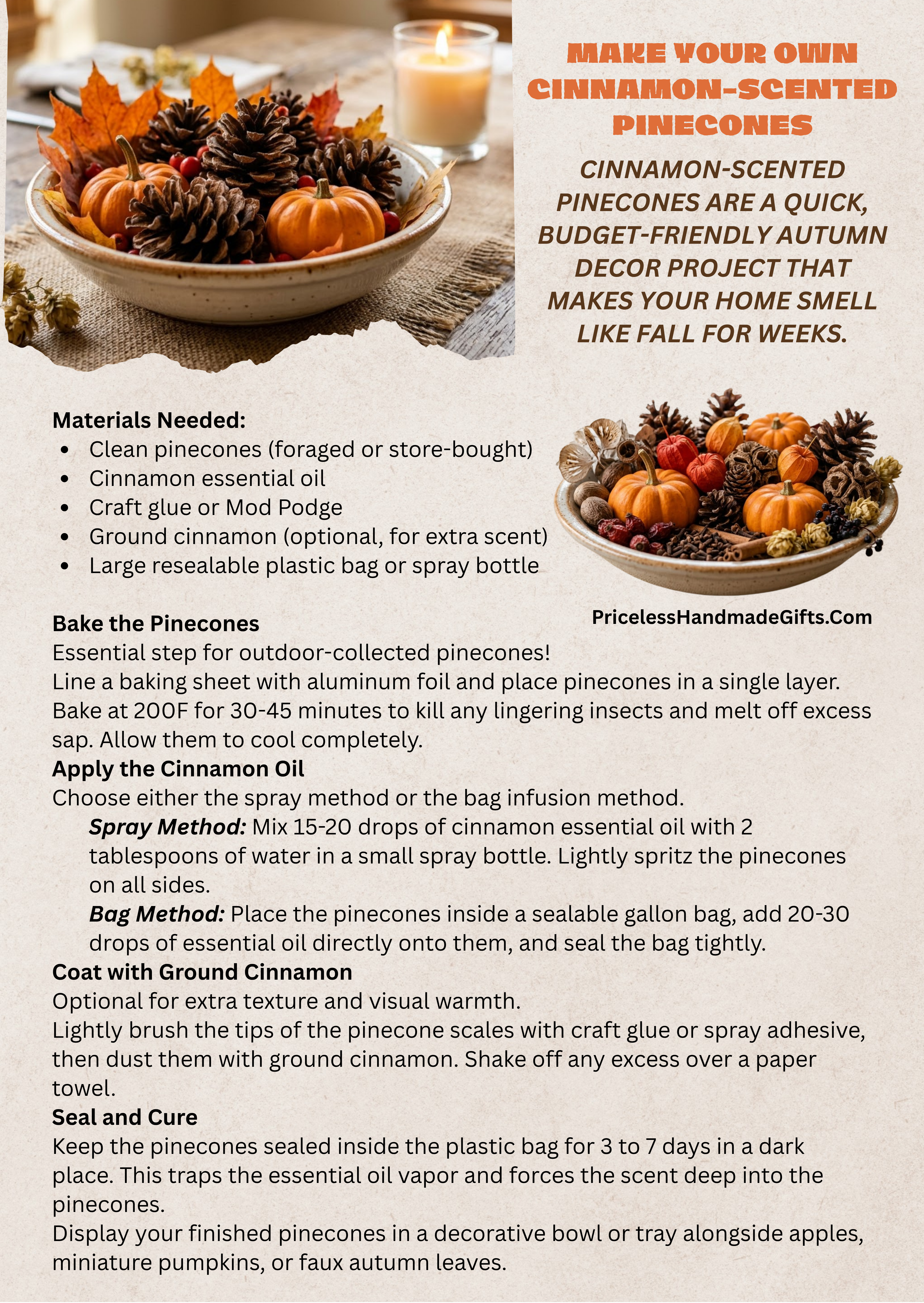 An image of pinecones and small pumpkins in a bowl with directions to scent them with cinnamon.