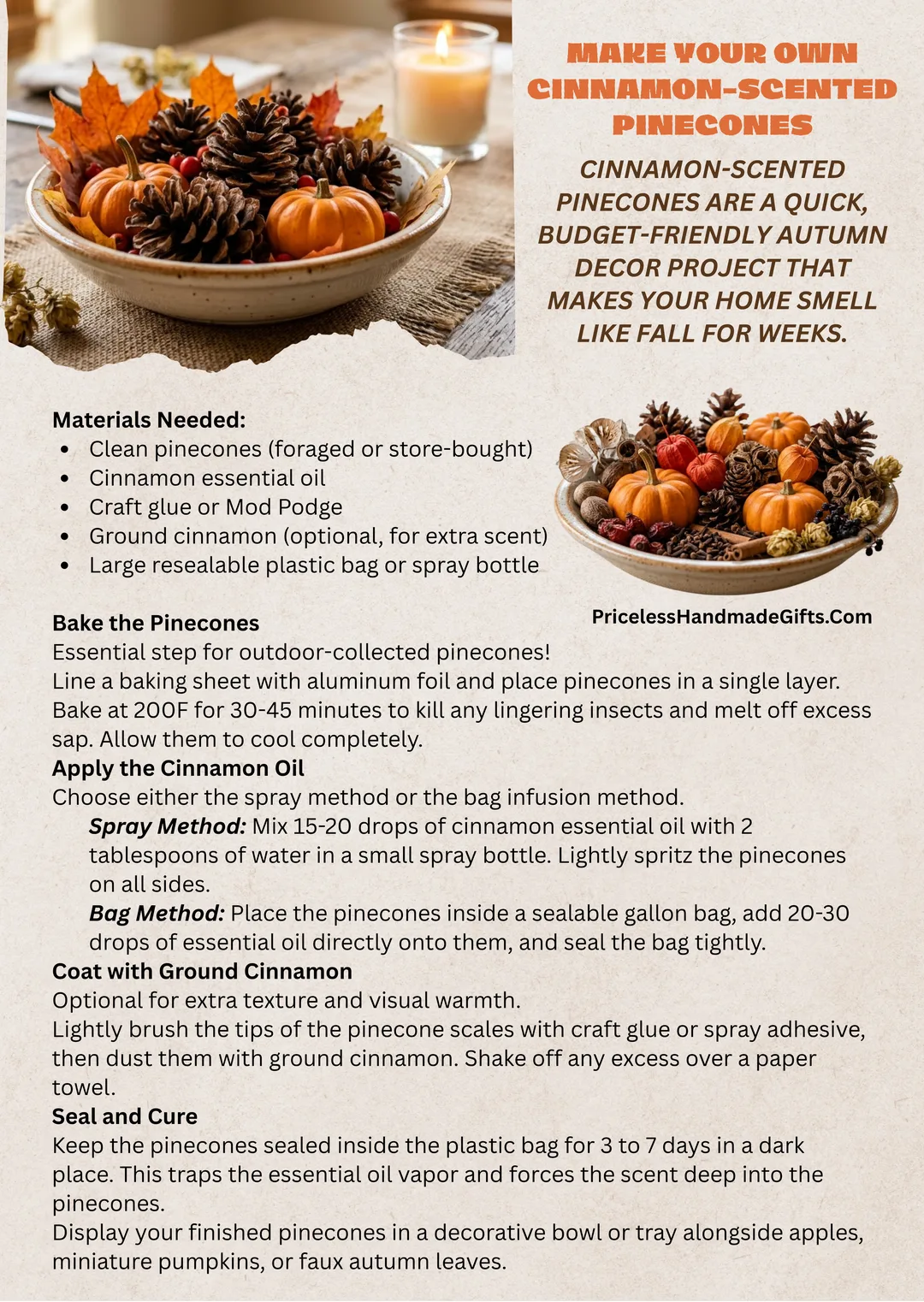 An image of pinecones and small pumpkins in a bowl with directions to scent them with cinnamon.