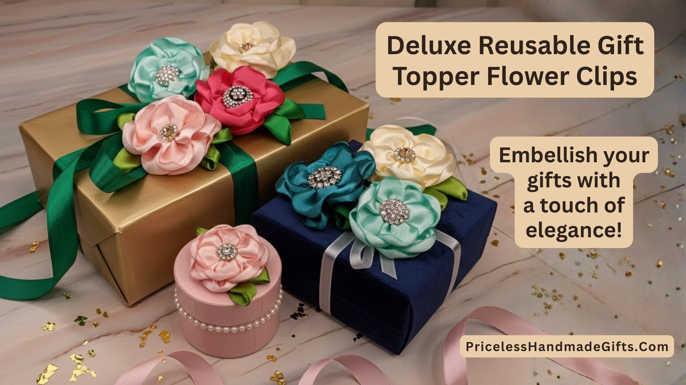Deluxe Reusable Gift Toppers - Handmade Flower Clips Easily Attach to Wrapped Gifts or Gift Bags.