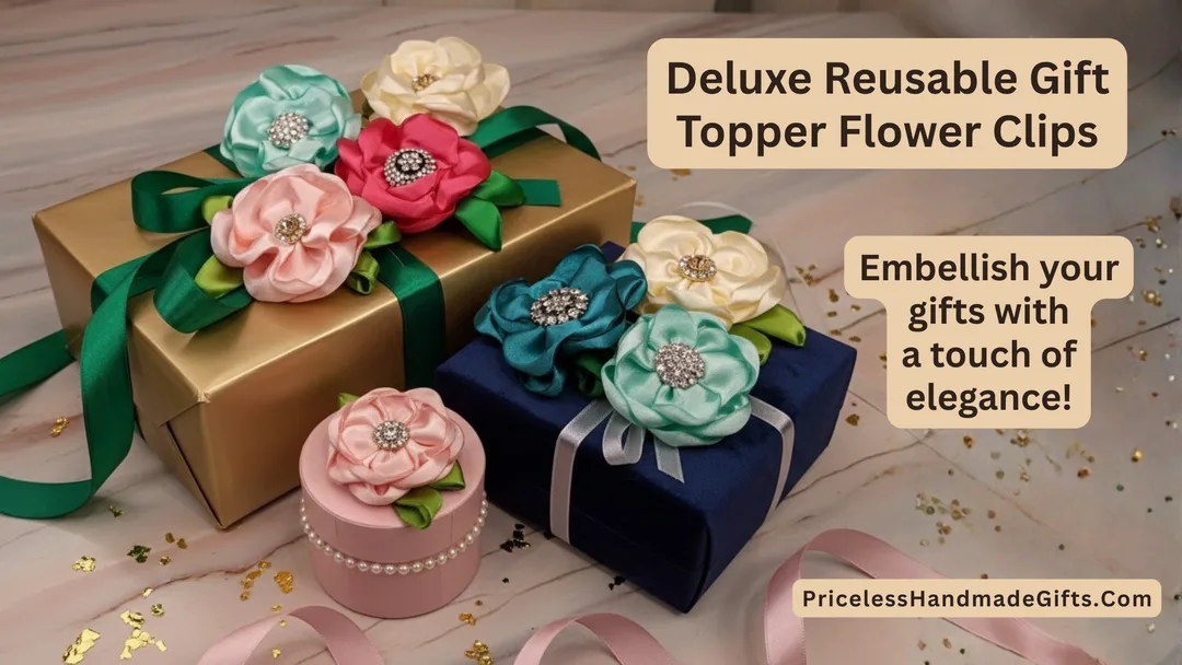 Deluxe Reusable Gift Toppers - Handmade Flower Clips Easily Attach to Wrapped Gifts or Gift Bags.