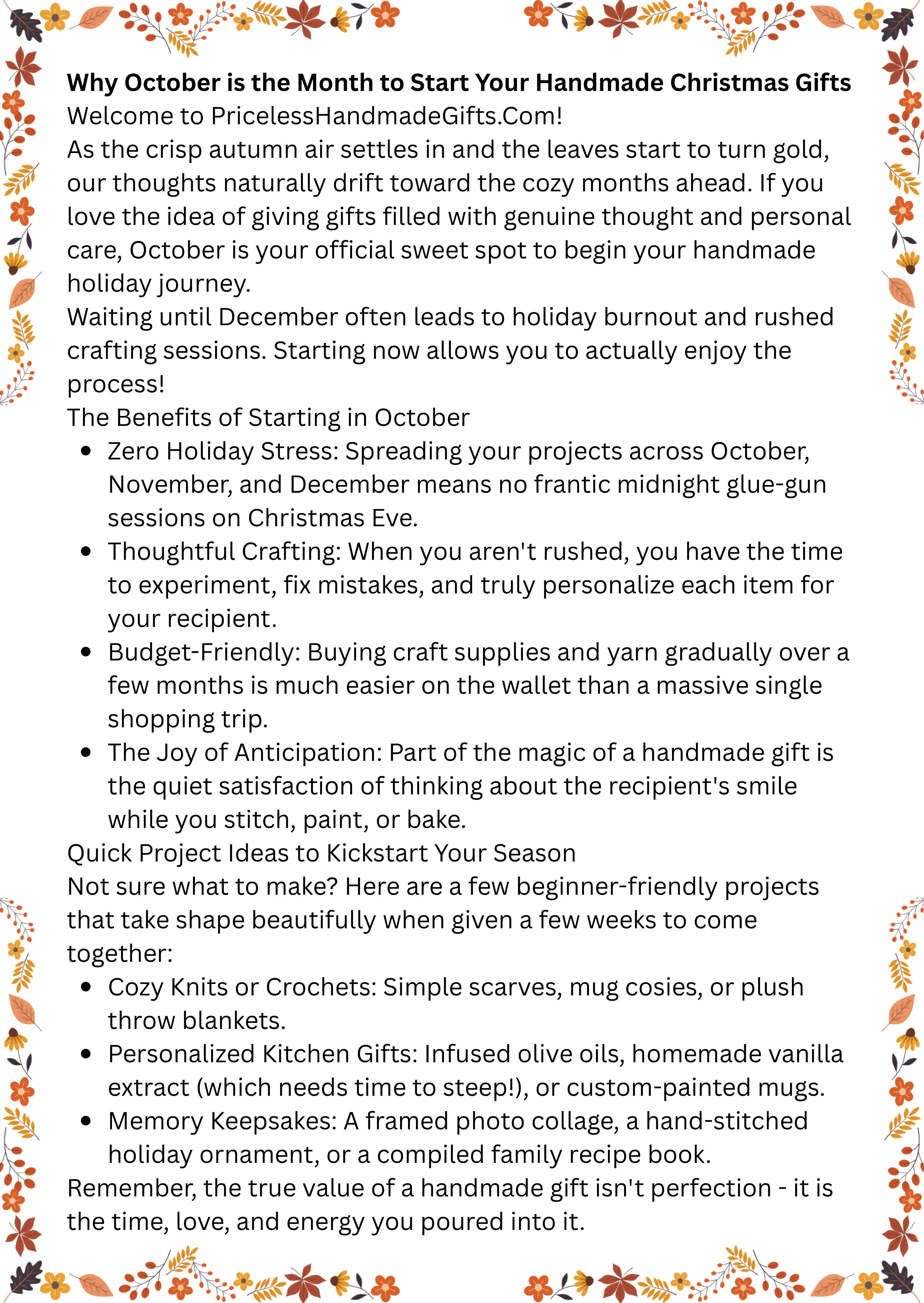 A blog post image with fall leaf decorations and motivational words for working on handmade Christmas gifts in October.