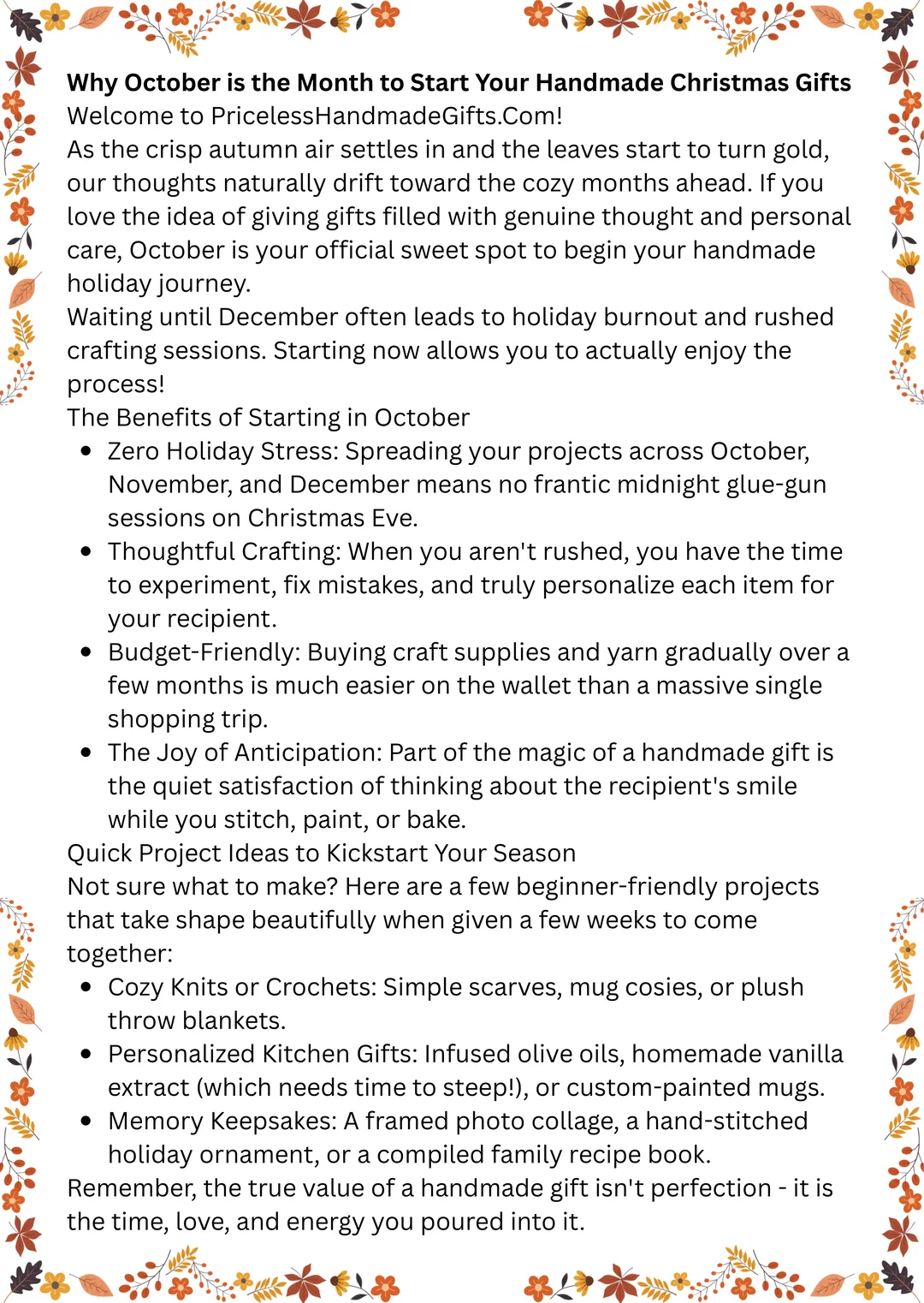 A blog post image with fall leaf decorations and motivational words for working on handmade Christmas gifts in October.