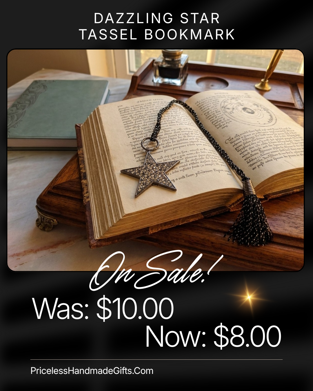 A handmade yarn black tassel bookmark with a rhinestone pendant shaped like a star, displayed on an opened book.