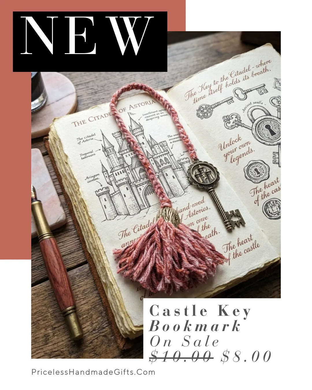 A handmade pink yarn bookmark with a large tassel and a metal castle key pendant.