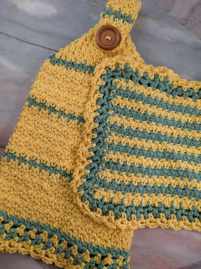 Yellow & Aqua Crocheted Hand Towel and Washcloth