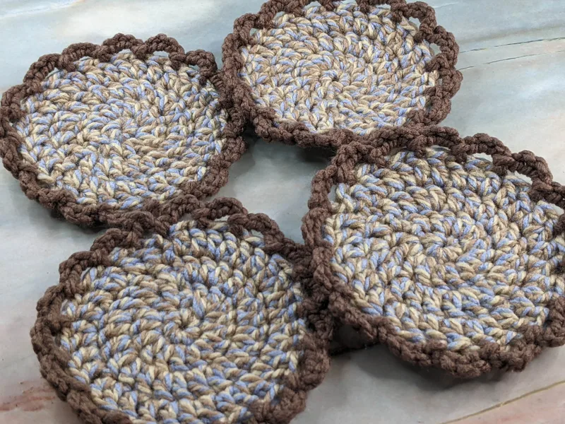 4 Twist Crocheted Coasters with Brown Edge