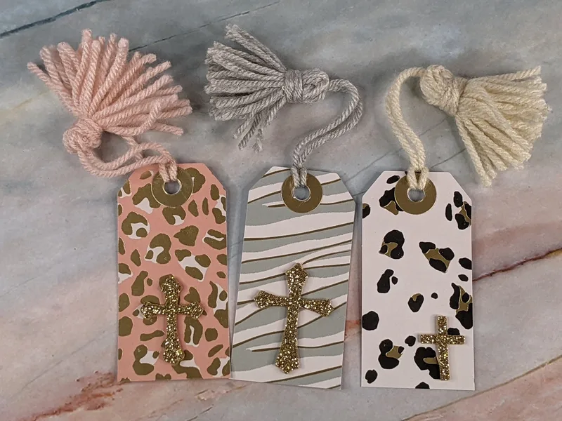 A Set of 3 Pretty Gift Tags with Glittery Cross Embellishments and Cute Yarn Tassels.