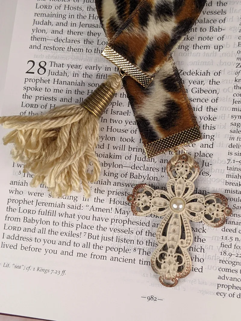 Leopard Print Ribbon Cross Tassel Bookmark