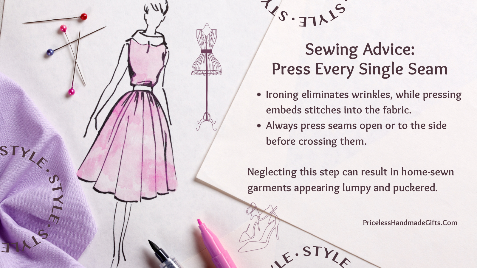 An image of a hand-drawn dress design with sewing advice.