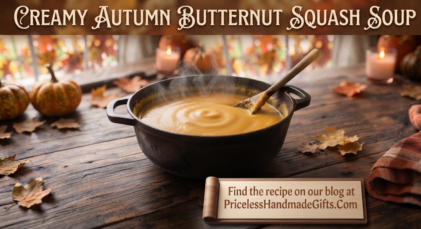 An ad for a recipe with an image of a pot of creamy autumn butternut squash soup.