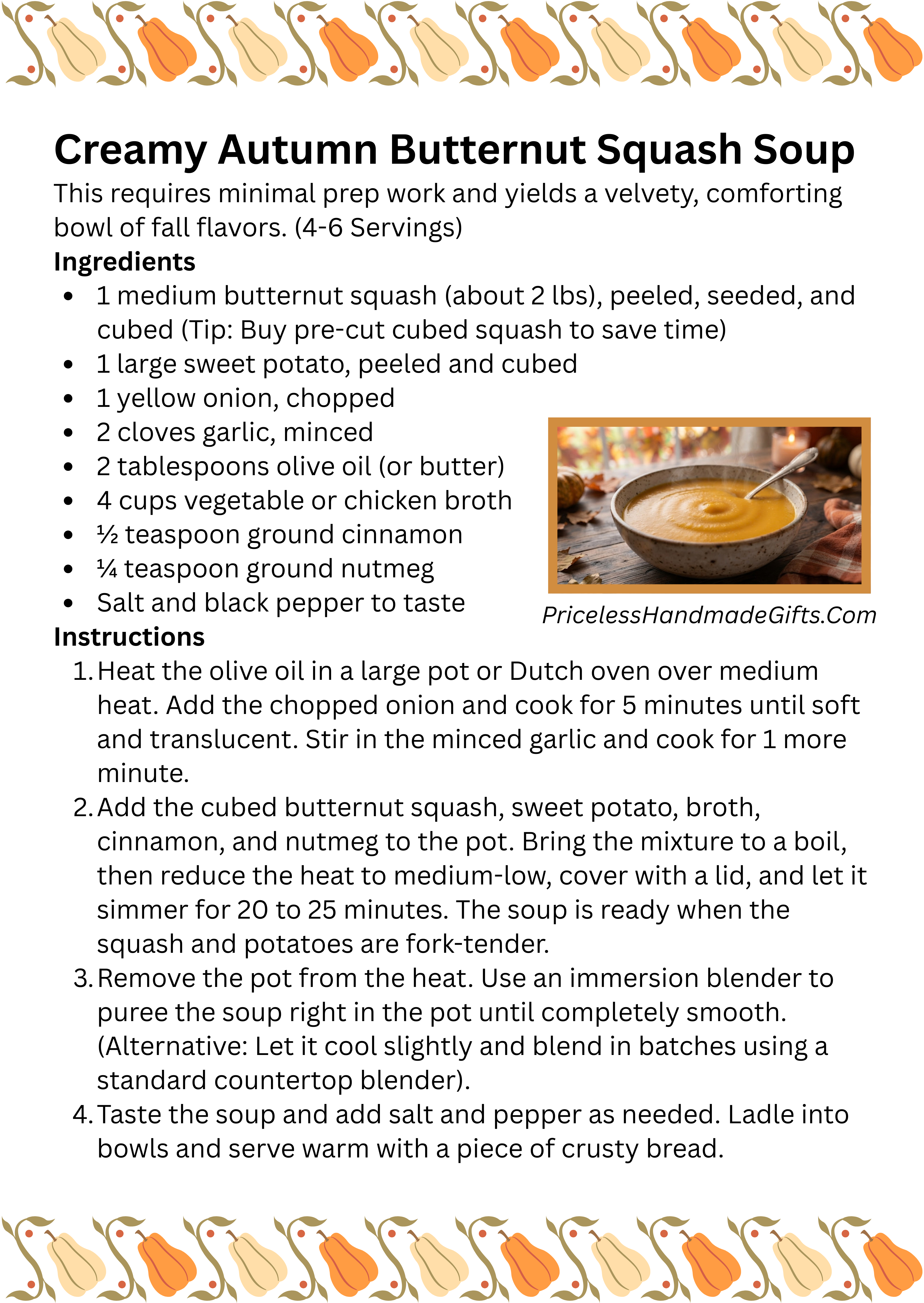 A recipe for creamy autumn butternut squash soup.