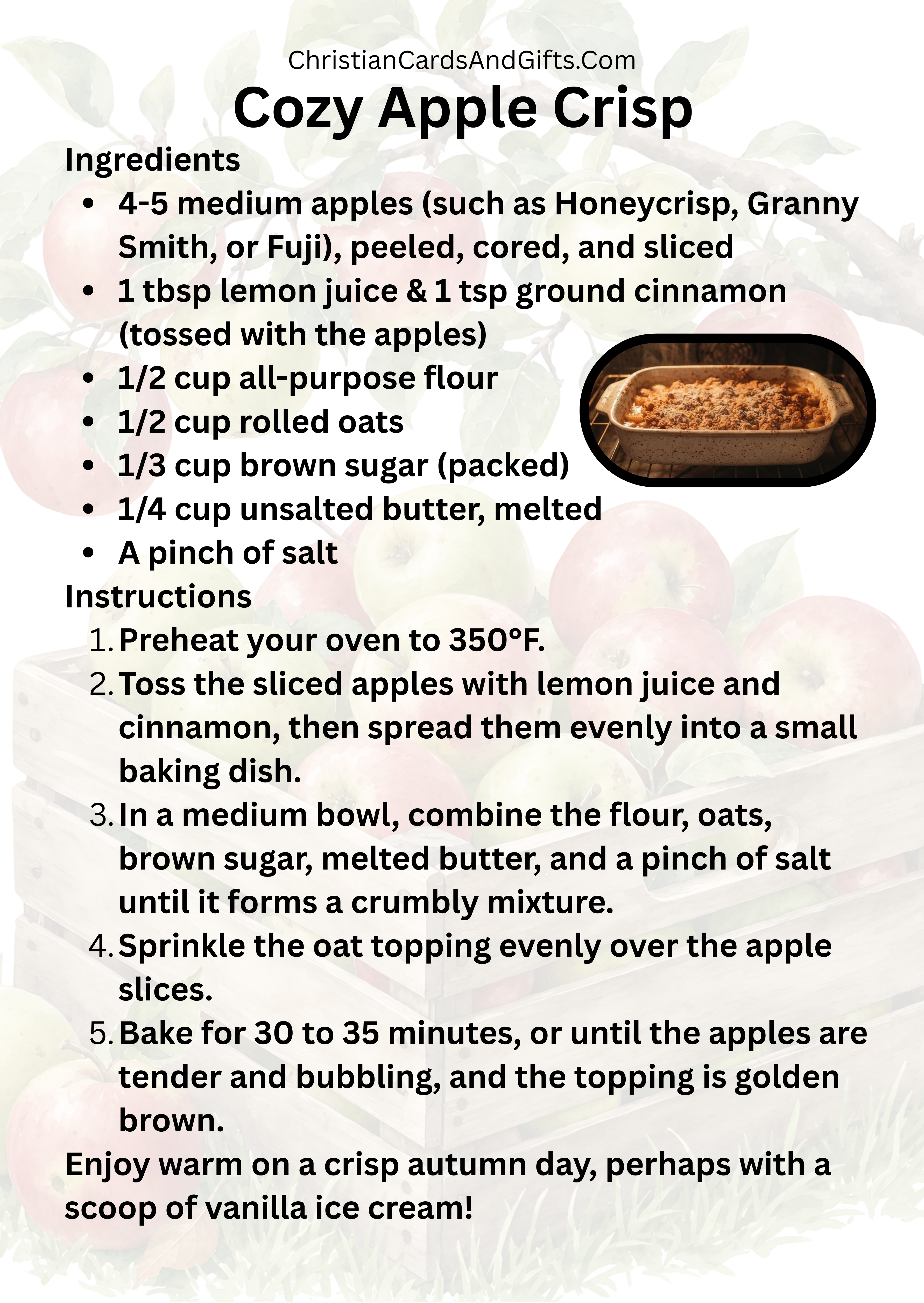 A recipe for cozy apple crisp.