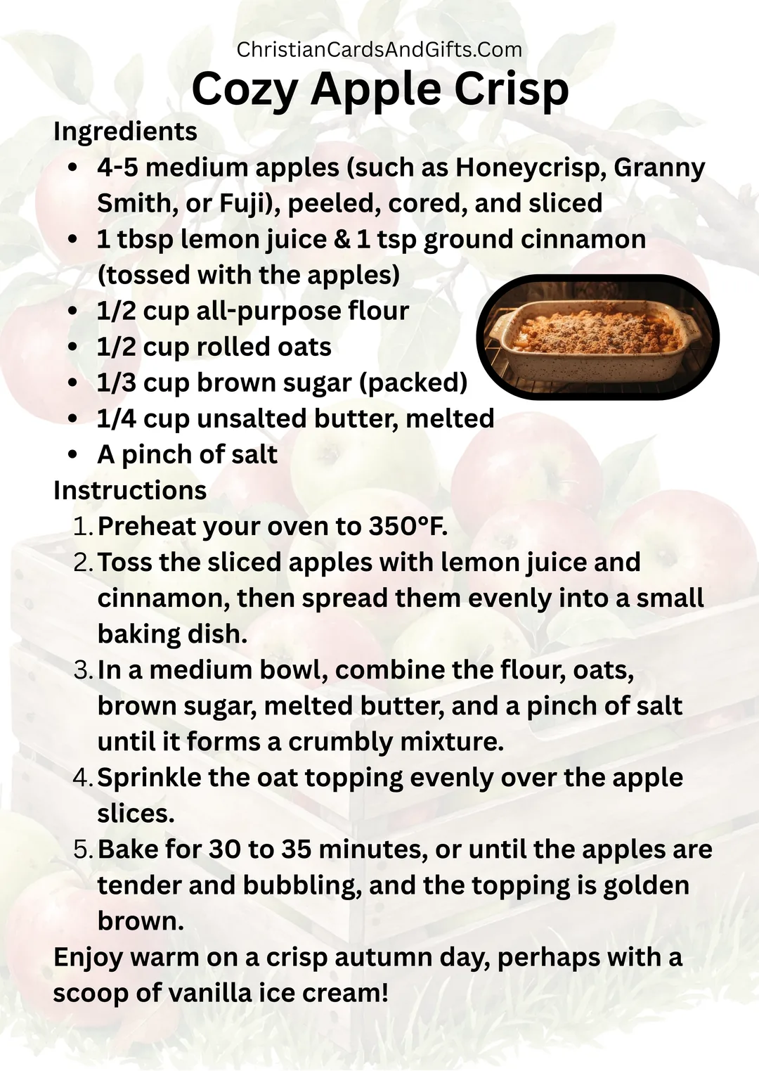 A recipe for cozy apple crisp.