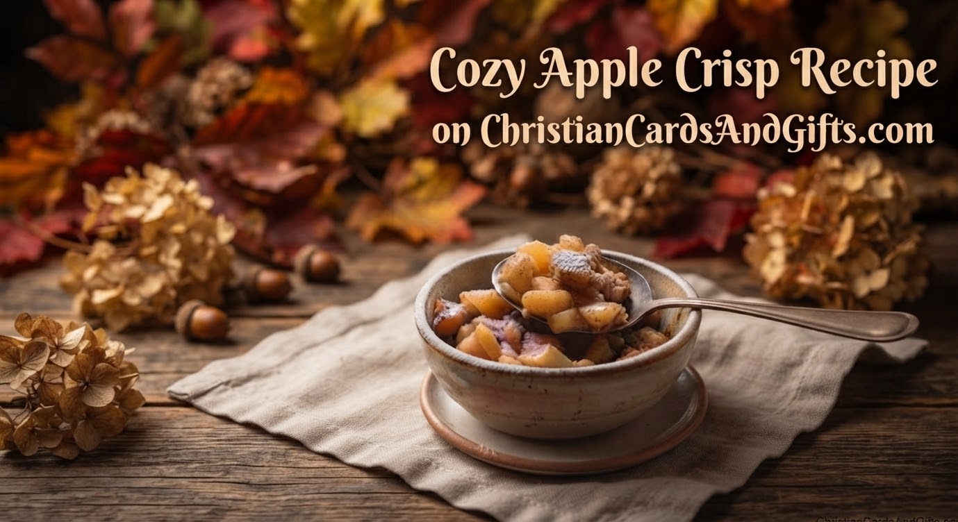 An image of an apple crisp dessert surrounded by autumn leaves and dried hydrangeas. 