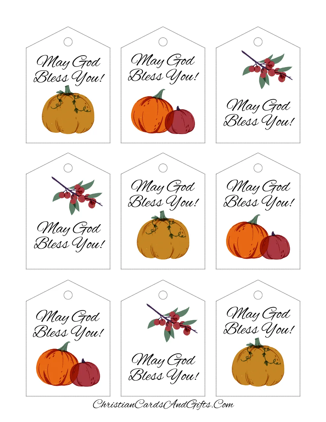 A printable page of autumn gift tags with the words 