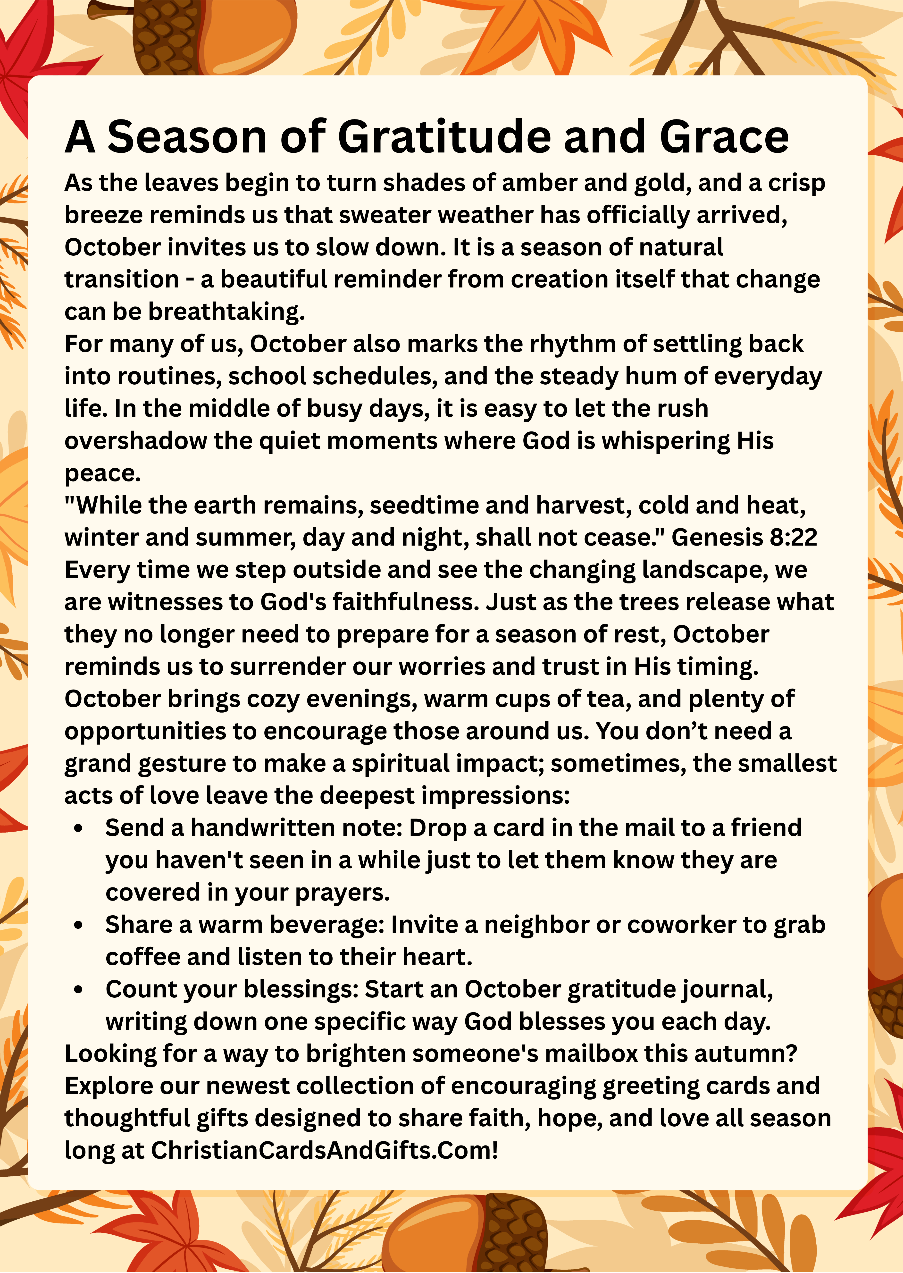 An image of fall leaves with tips for acts of love to brighten someone's day.