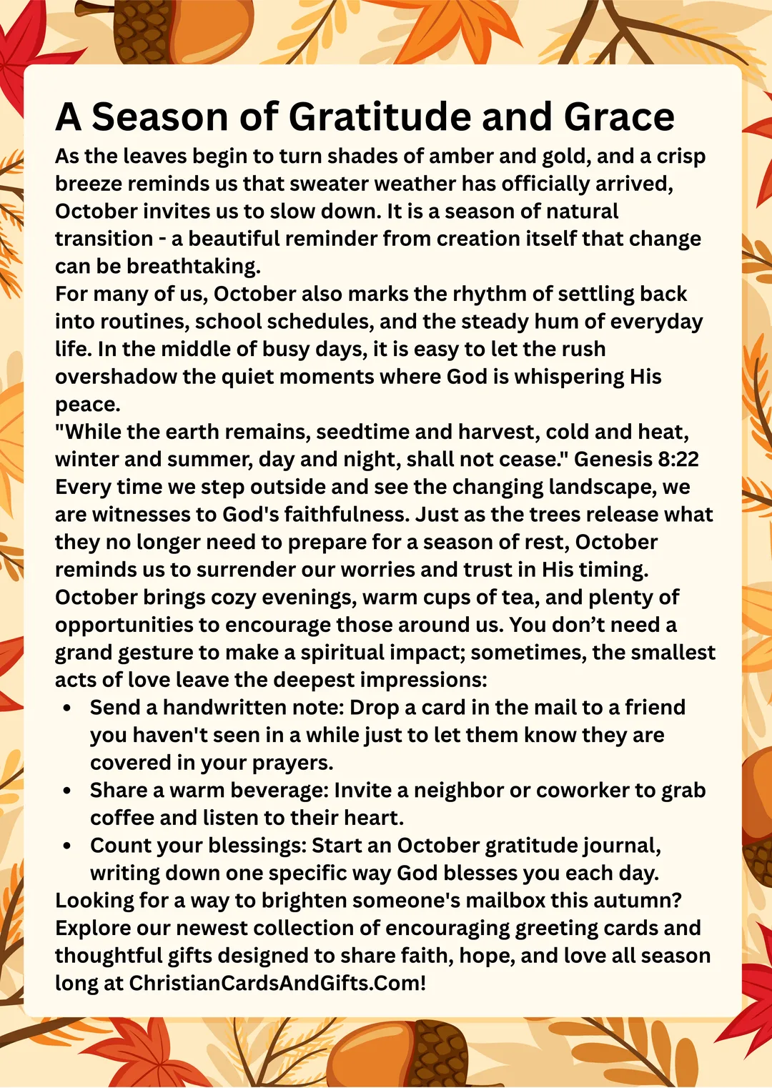 An image of fall leaves with tips for acts of love to brighten someone's day.