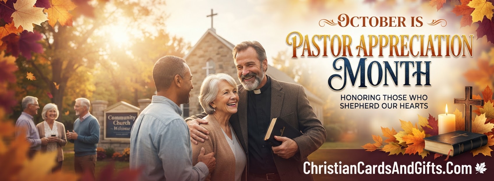 An ad for purchasing products for Pastor Appreciation Month with an image of a church, people gathering, and a pastor greeting them.