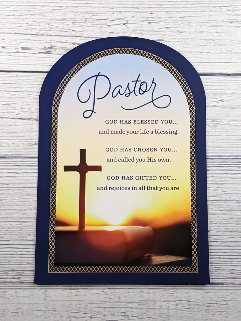 A Pastor appreciation card with an image of a cross in a sunrise.