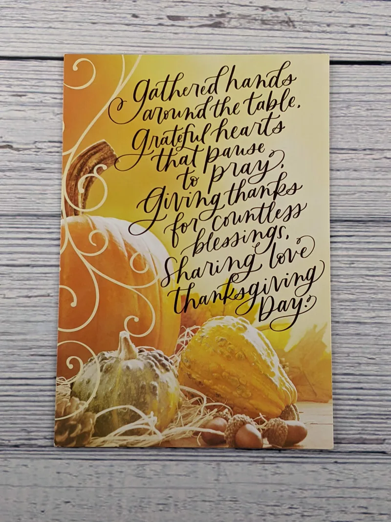 A greeting card with an image of pumpkins and an inspirational sentiment for Thanksgiving.