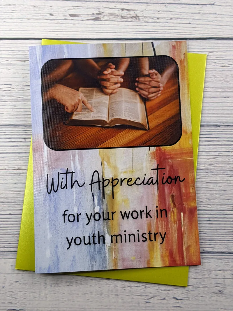 A youth ministry appreciation card with a colorful painted background and an image of a Bible.