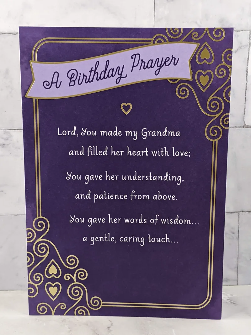 A purple birthday card with a prayer for a grandma's birthday.