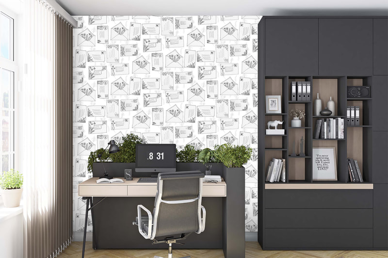 Home office scene showing "Happy Mail" wallpaper pattern by Merry Makewell Designs