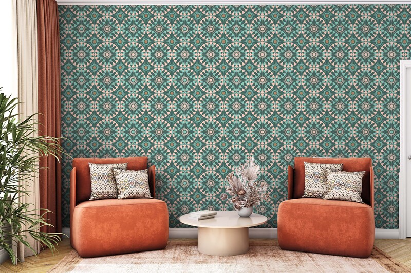 Living room scene showing "Entwined (LP02)" wallpaper pattern by Merry Makewell Designs