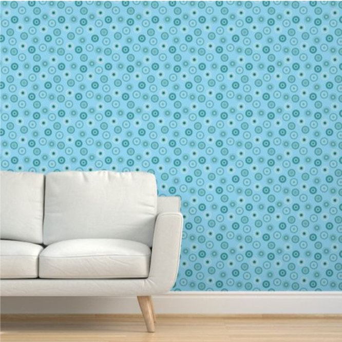 Living room scene showing "Mandala Motifs - Blue" wallpaper pattern by Merry Makewell Designs