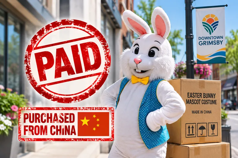Grimsby Downtown BIA Easter Bunny mascot costume graphic showing the costume was purchased from China