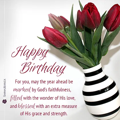 Free SarahJean eCard with a Christian message entitled 'Year Ahead'. Image of  red tulips in a bold modern striped vase.