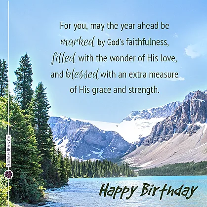 Free SarahJean eCard with a Christian message entitled 'Year Ahead. Image of mountains, pine trees and lake.