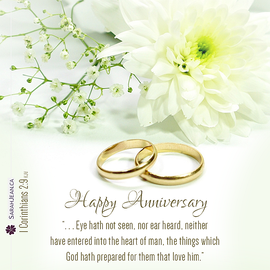 Free SarahJean, Anniversary eCard, Entitled: Prepared for You. Image of: White flowers with gold wedding bands..