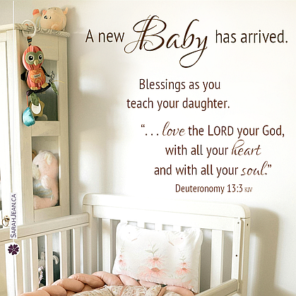Free SarahJean Baby eCard with a Christian message entitled 'Baby Has Arrived'. Image of baby girl's nursery.