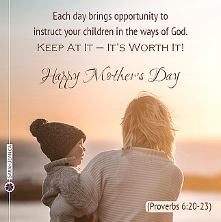 Free SarahJean Mother's Day eCard with a Christian message entitled 'It's Worth It. Image of Mother holding child over looking water.