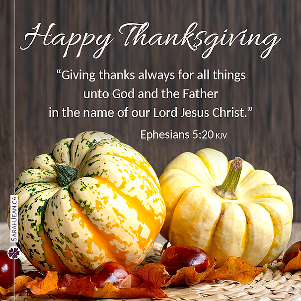 Free SarahJean Thanksgiving eCard with a Christian message entitled 'Giving Thanks Always'. Image of two white pumpkins.