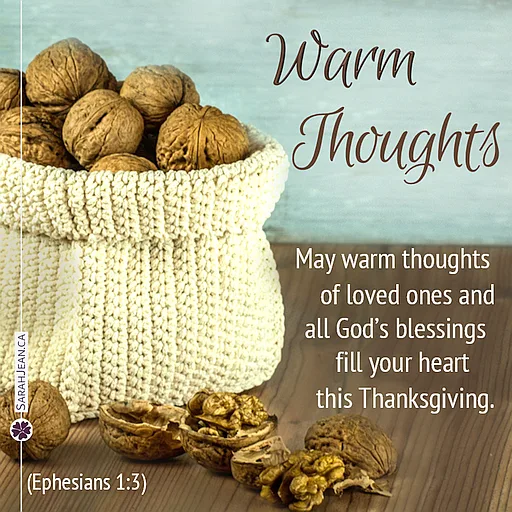 Free SarahJean Thanksgiving eCard with a Christian message entitled 'Warm Hearts'. Image of nuts in a knitted bag.