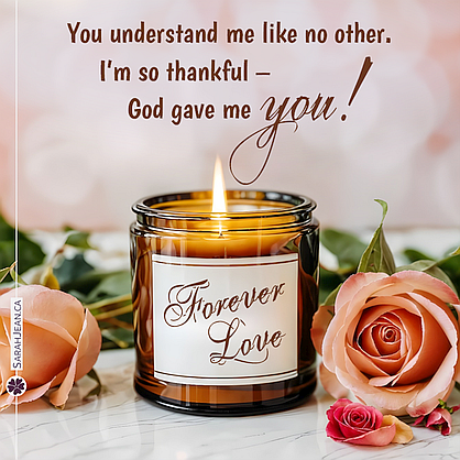 Free SarahJean Love Note eCard with a Christian message entitled 'Forever Love'. Image of a candle in a jar with roses laying beside it.