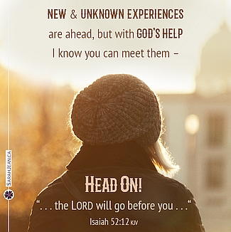 Free SarahJean Difficult Times eCard with a Christian message entitled 'Head On'. Image of back view of woman with winter hat looking from a distance at a city street.