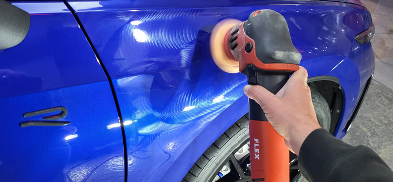 Volkswagen Golf R during paint correction at DMD Car Detailing near Port Glasgow